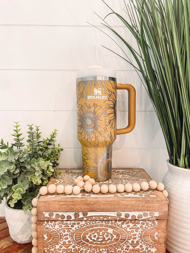 Sunflower Tumbler 40oz, Travel Mug, Engraved Tumbler, Floral Engraved Tumbler, Full Wrap Cup, Travel Mug with handle, Sunflower Mug