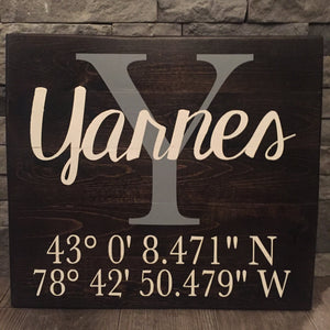 Coordinates Family Name Wooden Sign