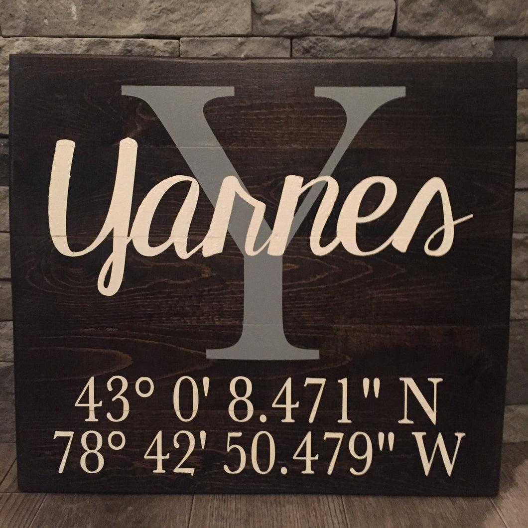 Coordinates Family Name Wooden Sign