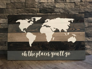 Multi Stain Rustic World Map Wooden Sign