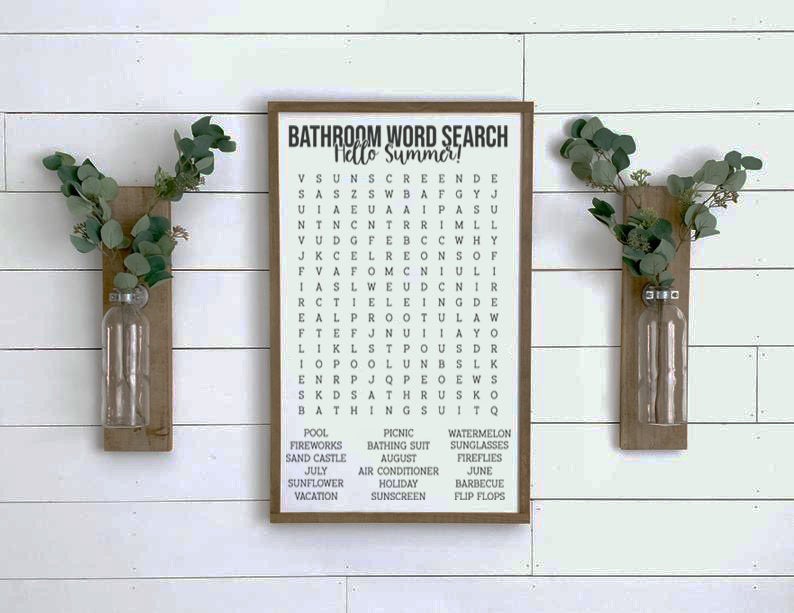 Summer Bathroom Word Search Wooden Sign, Bathroom Decor, Rustic Farmhouse Wooden Sign, Funny Bathroom Signs, Housewarming Present