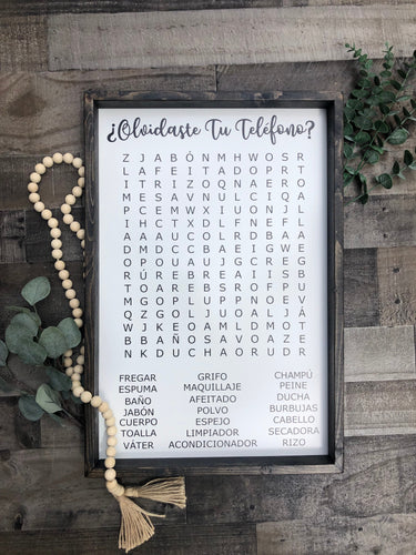 Spanish Bathroom Word Search Wooden Sign, Bathroom Decor, Olvidaste Tu Telefono Wooden Sign, Funny Bathroom Signs, Housewarming Present