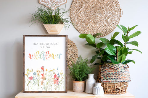 In a Field of Roses She's a Wildflower Farmhouse Wooden Sign, Wooden Home Sign, Housewarming Present, Rustic Chic Decor, Wooden Quote Sign